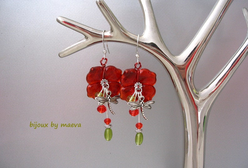 red fantasy jewelry red glass flower beads and silver metal dragonfly Red and green dangle earrings