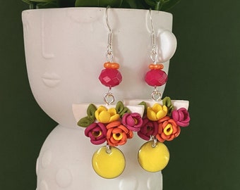 Earrings bouquet of fuchsia pink, yellow, orange flowers, colorful costume jewelry made in France, women's earrings