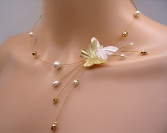 Golden bridal necklace, gold satin pearls and butterflies, golden wedding jewelry, necklace made in France