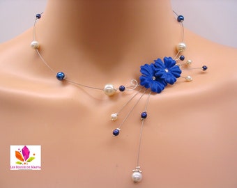 royal blue necklace with satin flowers, indigo blue, wedding jewelry, evening, ceremony, wedding jewelry made in France