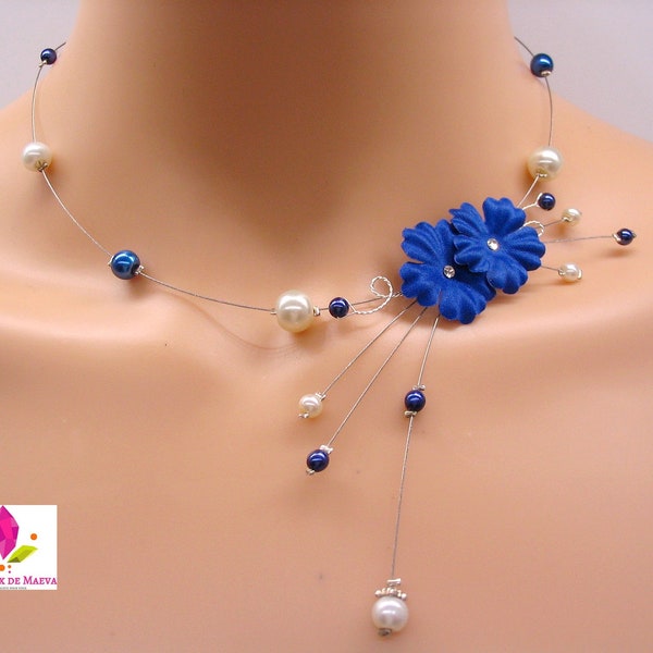 collier bleu roi fleurs satin, bleu indigo, bijoux mariage, soirée, cérémonie, bijoux mariage fabriqués en France