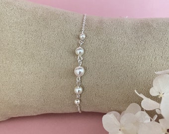 Pearly pearl bridal bracelet and silver chain, bridal jewelry set, pearl bridal jewelry, jewelry made in France