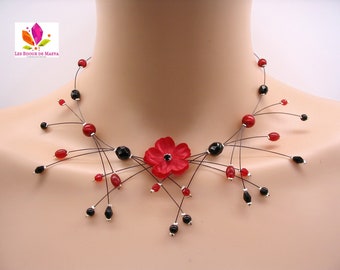 Collana di perle e fiori rossi e neri, bigiotteria rossa e nera, gioielli personalizzati e personalizzabili