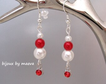 Bijoux rouge mariage boucles d'oreilles perles et strass rouge