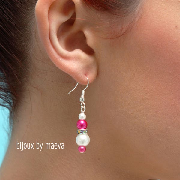 Bijoux mariage boucles d'oreilles fantaisies perles fushia et strass