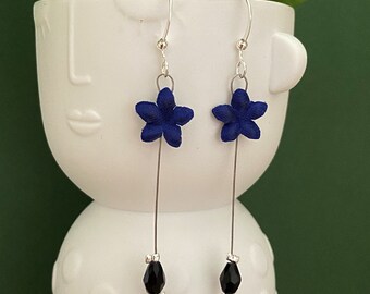 Royal blue jewelry, blue flower and black pearl earrings, wedding evening set, costume jewelry made in France