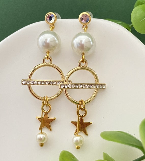 Gold Costume Jewelry Earrings With Rhinestone Studs and Ecru