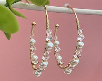 Bridal jewelry, pearl and rhinestone creole earrings for bride, jewelry made in France, boho wedding jewelry