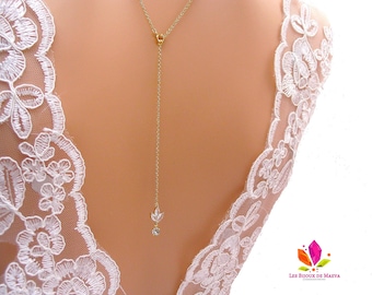 bridal back necklace, back pendant necklace for strapless dress, backless dress, rhinestone wedding jewelry, golden bridal necklace