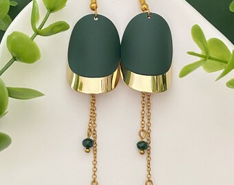 Boucles d'oreilles couleur vert et doré ovale ondulé, bijoux fantaisie doré, boucles d'oreilles pendantes oreilles percées, bijoux vert