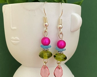 Beads earrings pink fuchsia turquoise and green mini drops