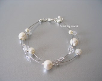 Bracelet fancy bridal jewelry wedding pearl pearlescent ivory and transparent crystal