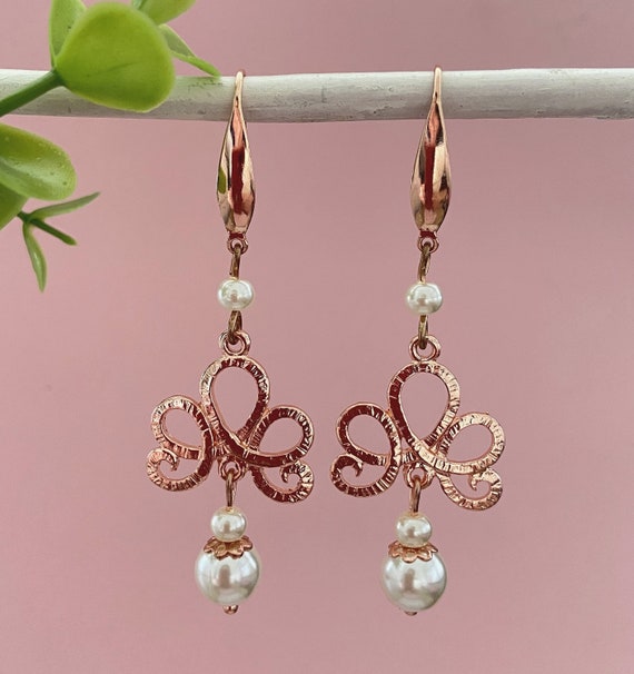 Wedding Earrings Pink Gold Arabesques Pearl Beads 1930s Wedding