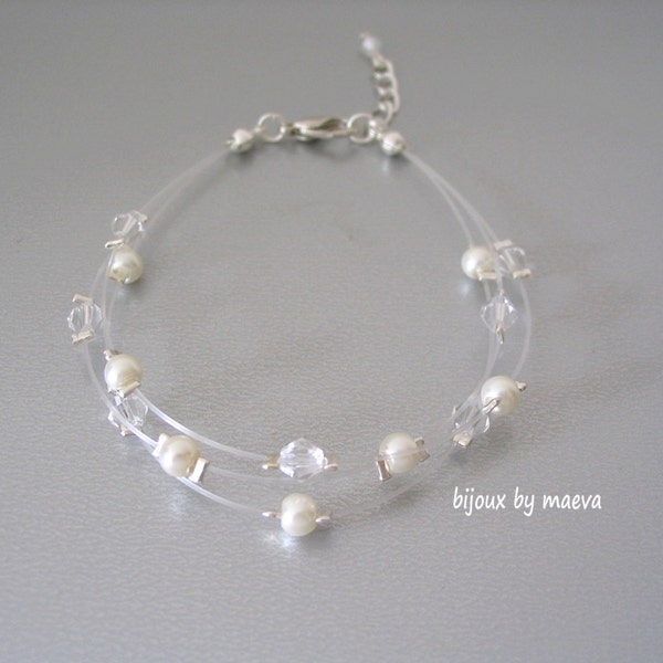 Bijoux mariage bracelet transparent perles ivoire 3 rangs