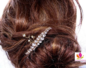 Wedding hairstyle, bridal hairstyle accessory, golden metal rhinestone bun pin