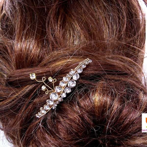 Coiffure mariage, accessoire coiffure mariée, épingle à chignon strass métal doré