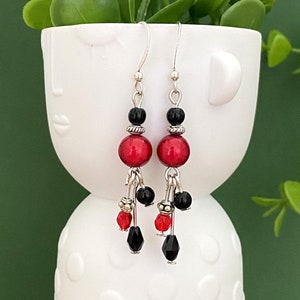 Red and black charm earrings, red and black fantasy jewelry