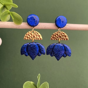 Royal blue Lotus flower earrings, designer costume jewelry made in France, original blue earrings