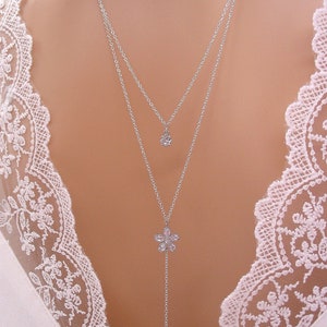 Bridal back necklace, double chain and zircon flower, bridal necklace, back pendant, bridal back jewelry, French manufacturing