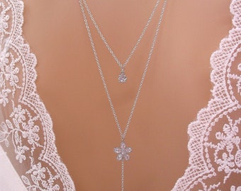 Collier de dos mariée, double chaine et fleur zircon, collier mariée, pendentif de dos, bijoux de dos mariée, fabrication Française