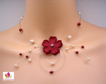 collier mariée couleur bordeaux,fleur double et perles couleur bordeaux/ rouge foncé, bijoux fantaisie mariage personnalisable et sur mesure