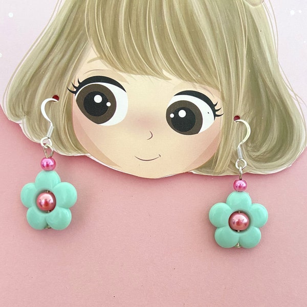 Bijoux enfants/ado boucles d'oreilles perles fleurs vert, saumon et rose