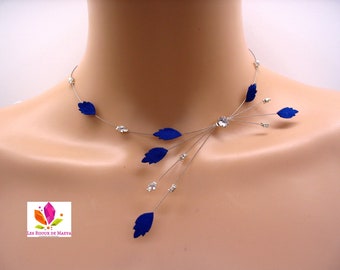 Collier bleu roi, perles strass et feuilles, bijoux fantaisie bleu roi, bijoux de fabrication française, cadeau femme, bijoux mariage soirée