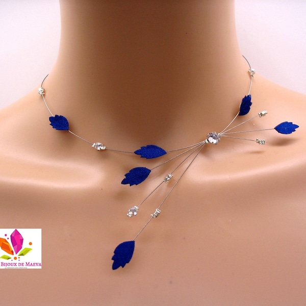 Royal blue necklace, rhinestone beads and leaves, royal blue costume jewelry, French made jewelry, woman gift, wedding evening jewelry