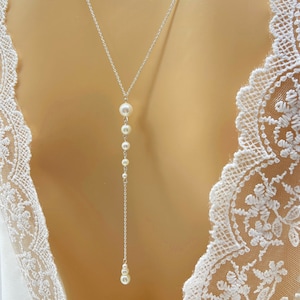 Bridal back necklace, necklace with cascading pearl back pendant, bridal backless dress necklace, French made