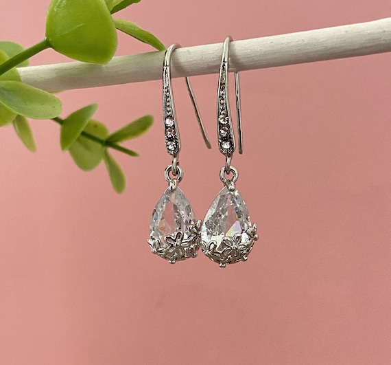 Pearl Drop Transparent Wedding Earrings Silver Rhinestone Hook