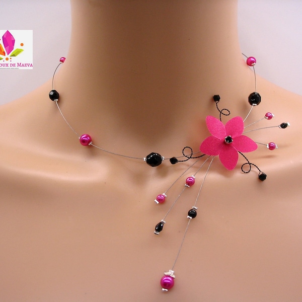 Bijoux fantaisie fushia noir, collier fleur rose fuschia perles noires, bijoux mariage fushia, bijoux fabriqués en France