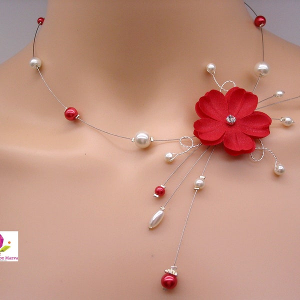 Red wedding jewelry, red flower fantasy necklace, red pearl beads, customizable costume jewelry