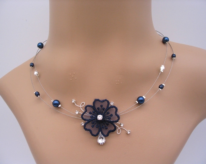 Navy Blue Jewelry, Navy Blue Pearl Costume Necklace, Embroidered Veil