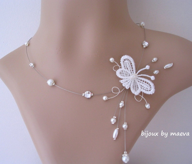 butterfly necklace bridal jewelry and ivory pearls and rhinestones