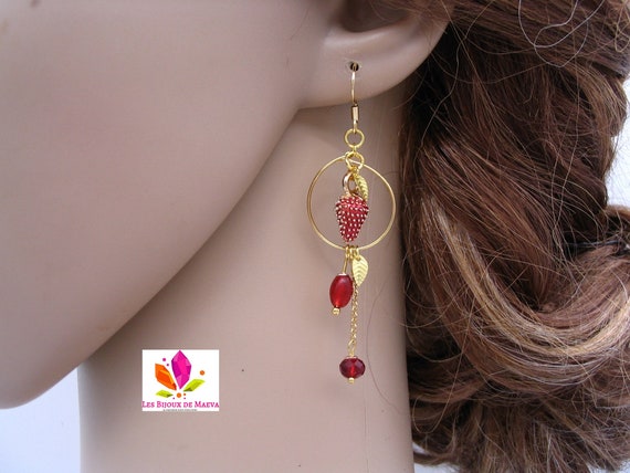 Golden Hoop Earrings, Strawberry Pendant, Red Costume Jewelry