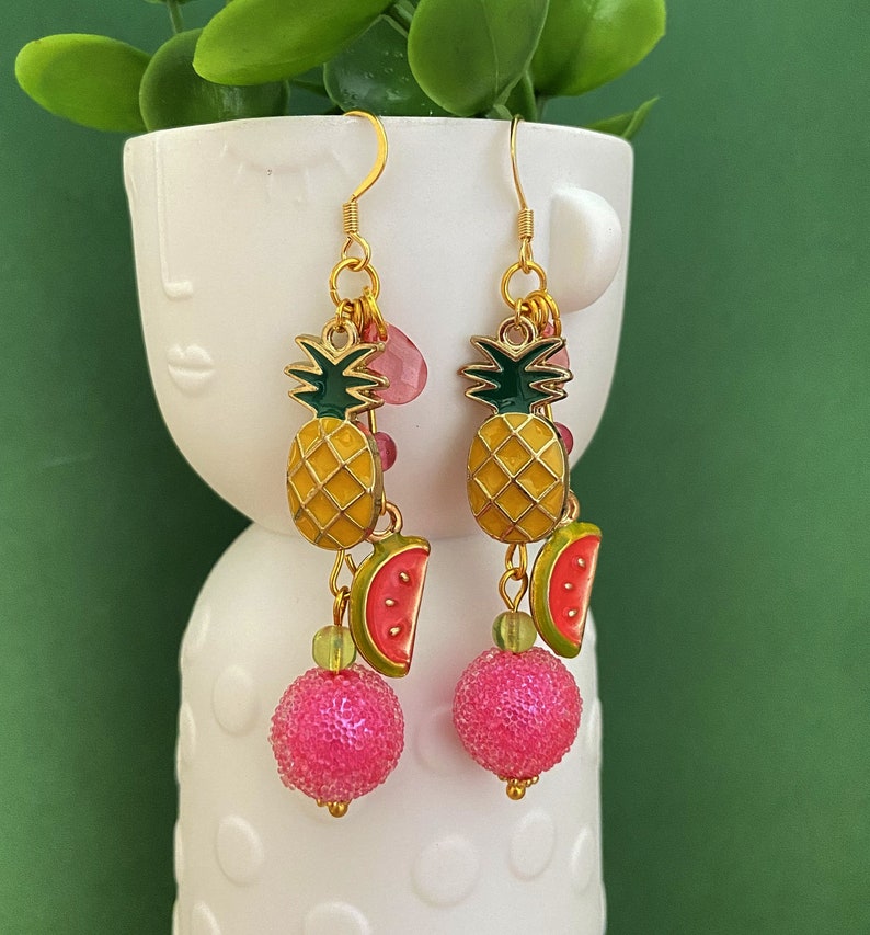 Bijoux fantaisie, boucles d'oreilles rose jaune et vert Fruits exotiques, bijoux ananas image 1