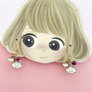 Little girl&#39;s cloud and rainbow earrings, plum-colored pearl, children&#39;s costume jewelry made in France