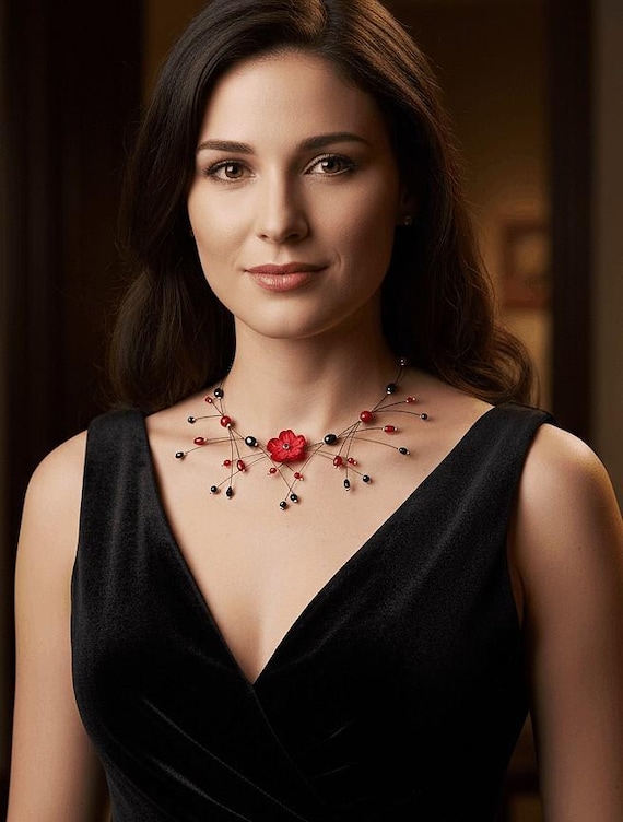 red dress black jewelry Red and Black beads and flower necklace, Red and Black costume jewelery, bespoke and customizable jewelry