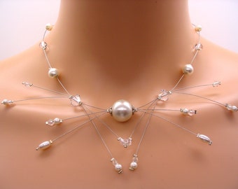 Brautperlenkette, Perlenperlen und Kristall, anpassbarer und individueller Hochzeitsschmuck, Bustier-Kleid Halskette