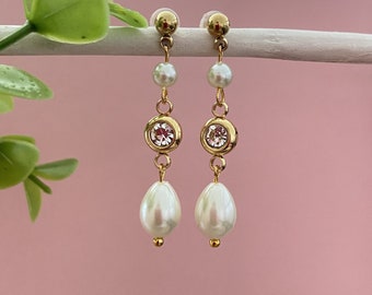 Boucles d'oreilles mariée strass et perles goutte, bijoux mariage dorés, bijoux fabriqués en France