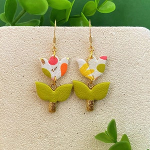 White, green, orange and yellow tulip flower earrings, jewelry made in France, jewelry gift idea, colorful earrings