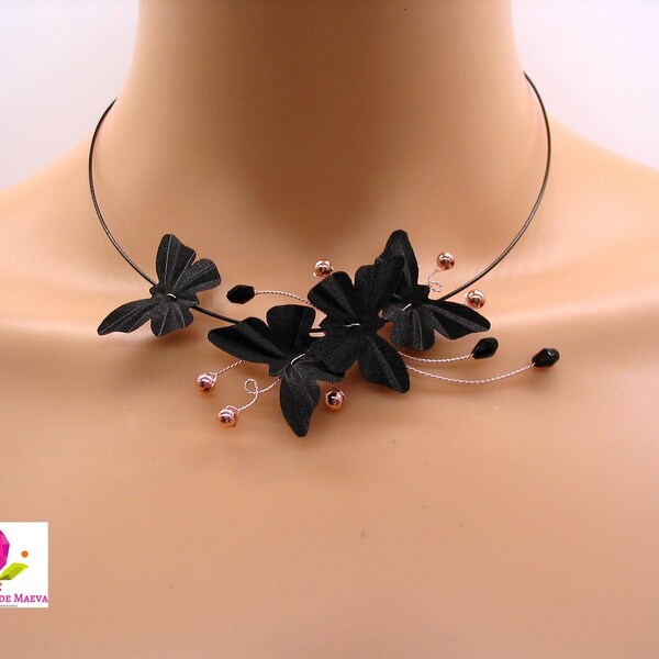 collier noir et doré rose, papillons satin noir, ras du cou, bijoux fantaisie sur mesure et personnalisables