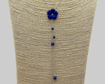 Royal blue flower long necklace for women, royal blue women's necklace made in France