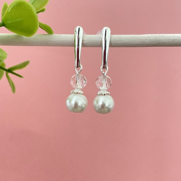 pendientes de la joyería de novia blanco pendientes de perlas de soporte para la caña de Silver Pearl