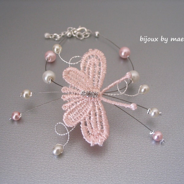 Bijoux mariage papillon dentelle rose, bracelet, parure mariage rose poudré, bijoux à personnaliser, cadeau demoiselle d'honneur, création