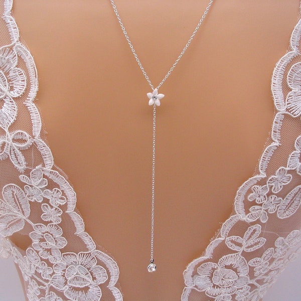 Collier de dos mariée fleurs et perles strass, collier mariage spécial dos nu, pendentif de dos, bijoux dos mariée personnalisable