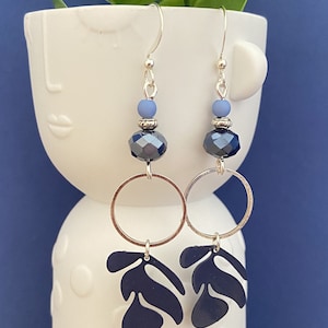Navy blue jewelry, blue tropical leaf earrings, navy blue and light blue beads, customizable jewelry