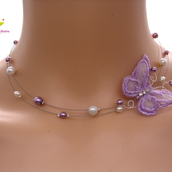 Collier mariée parme, perles et papillon brodé , bijoux mariage parme, lilas, violet, bijoux à personnaliser