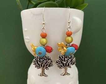 Bijoux fantaisie, boucles d'oreilles arbre et perles multicolores, cadeau bijoux femme, bijoux fabriqués en France