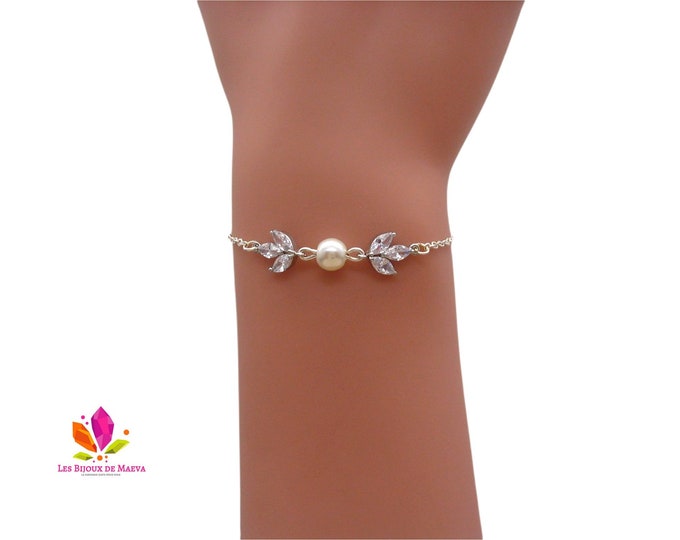 bridal jewelry, pearl bracelet and zircon leaves, wedding jewelry, women's gift, bridesmaid